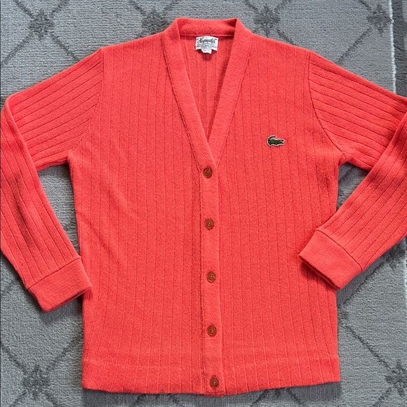 Vintage 1960’s Lacoste Crocodile Coral Cardigan Sweater Orlon Acrylic Haymaker - Picture 1 of 8